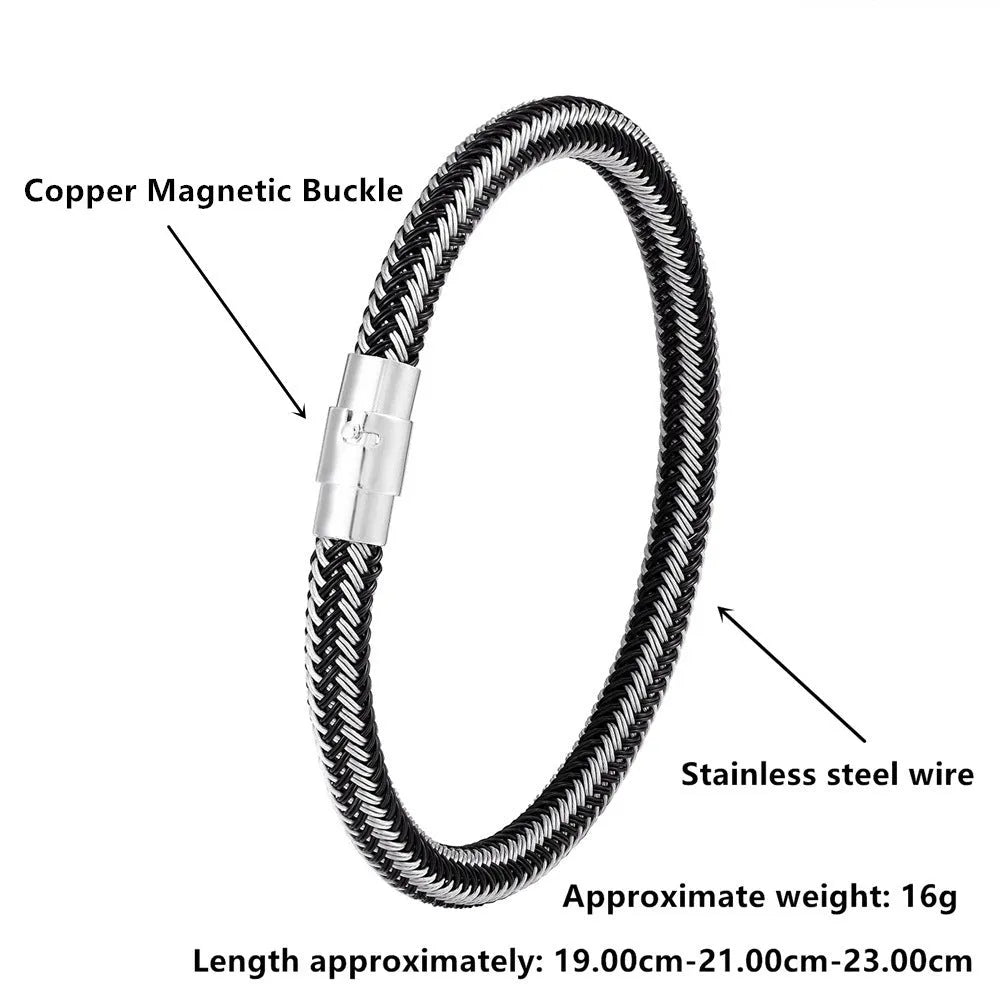 Men's titanium steel geometric wire bracelet with a magnetic clasp, shown in a silver finish.