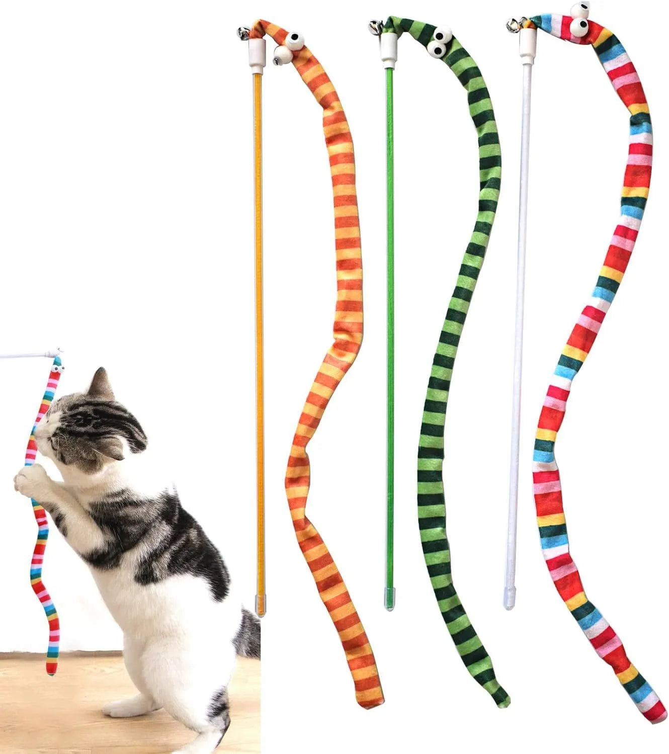 Cat wand teaser toy with polycarbonate pole and long plush strip in vivid colours