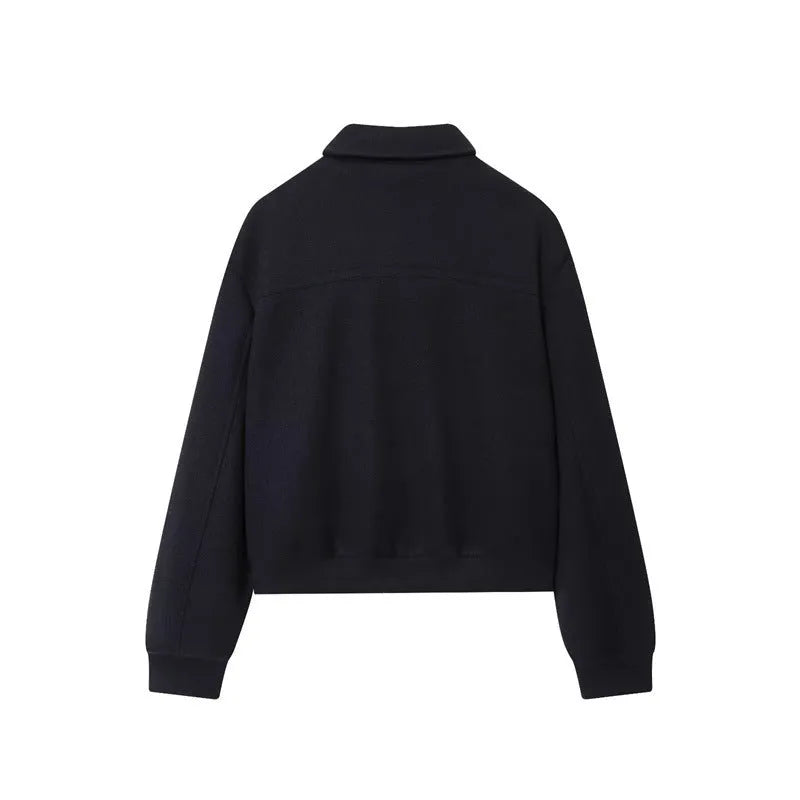 Women's navy blue turn-down collar PU faux leather coat with zipper closure and long sleeves