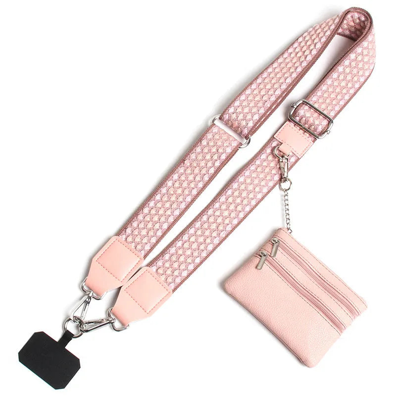Polyester mobile phone lanyard with silk screen print in apricot colour showing long shoulder strap design