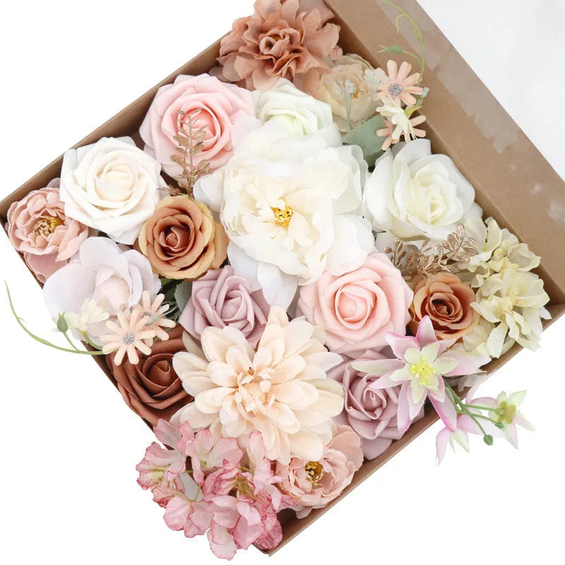 Lotus Pink Champagne rose silk flower box wedding gift bouquet in box