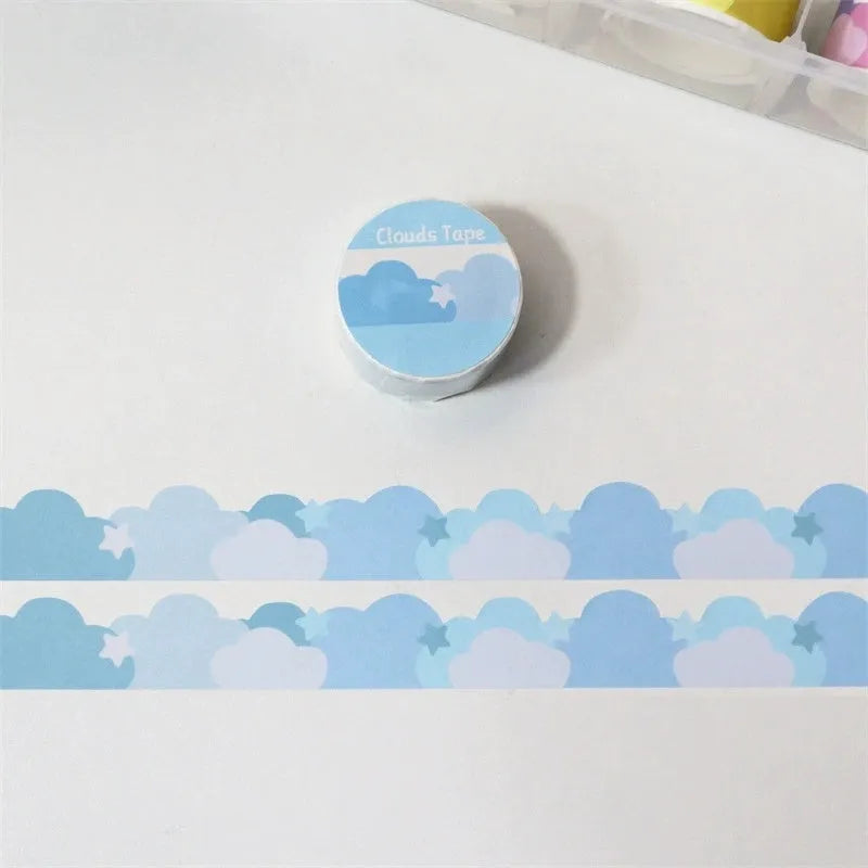 Roll of washi tape with stars and clouds border pattern, 24mm wide, in one of nine colour options