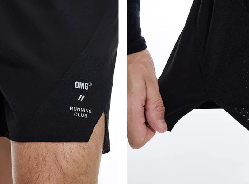 Black and blue four-point running shorts with laser punching stitching details on a mannequin.