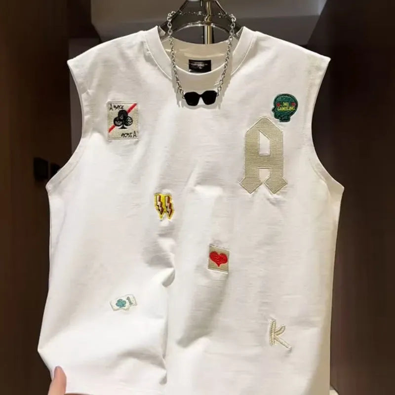 Men's white cotton sleeveless vest with cartoon print, loose fit casual top