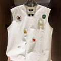 Men's white cotton sleeveless vest with cartoon print, loose fit casual top