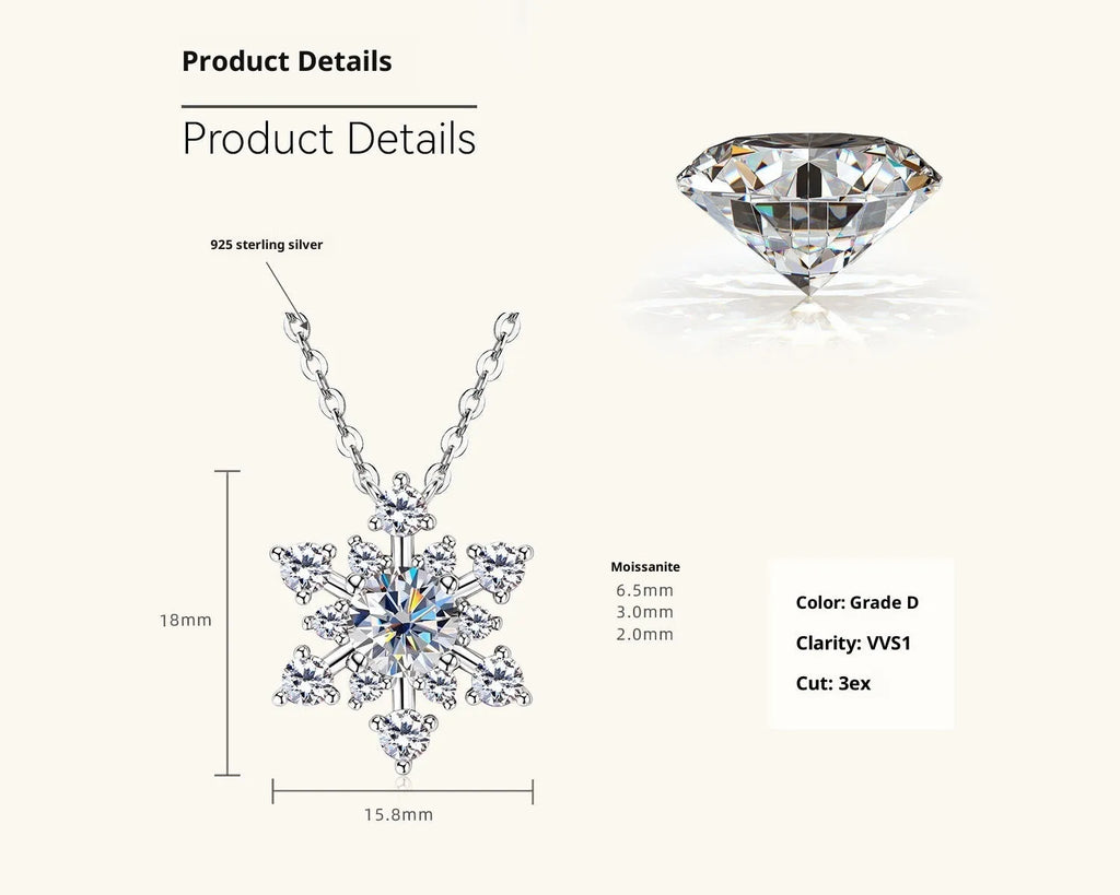 Gold snowflake moissanite pendant on silver 925 O-ring chain against white background