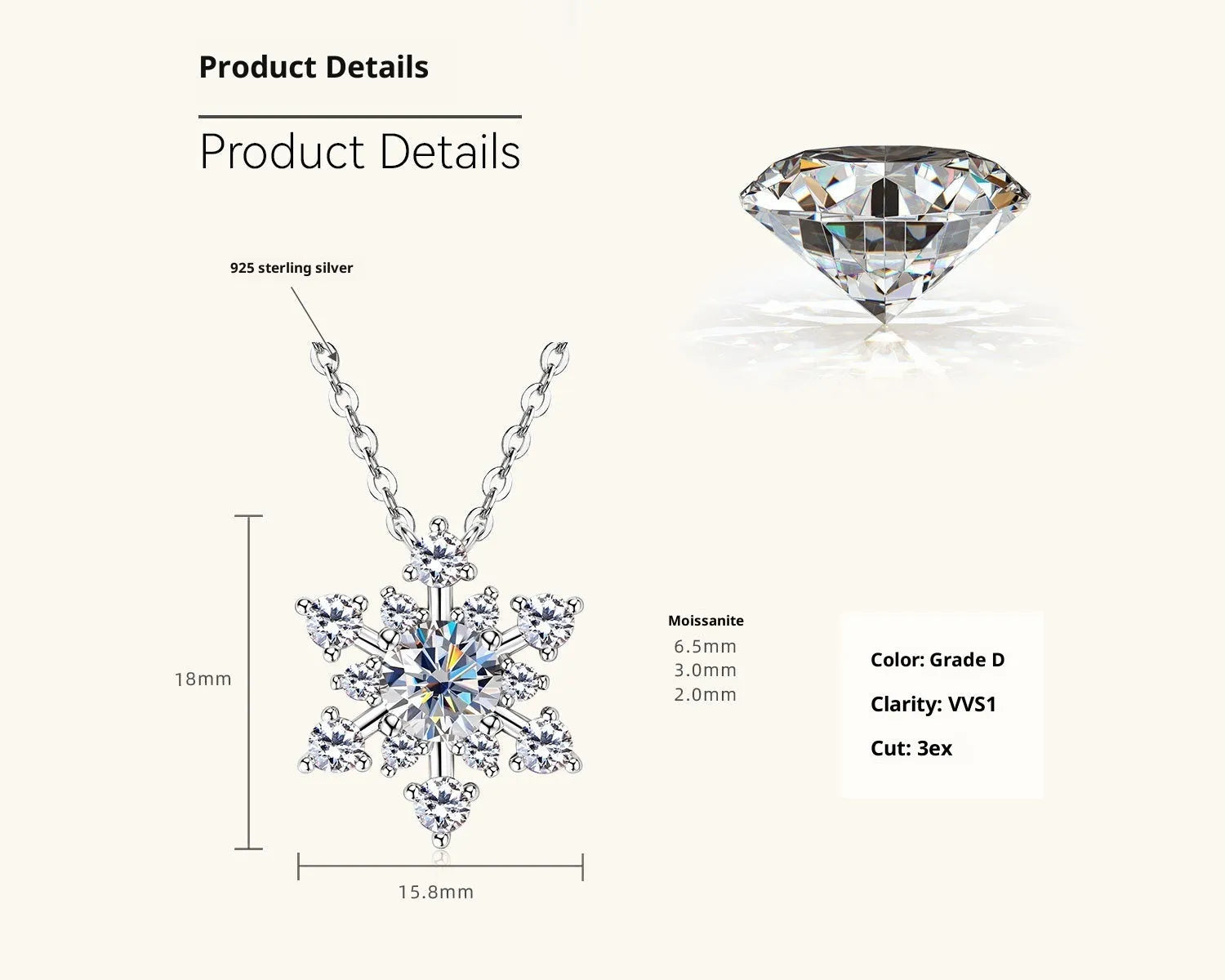 Gold snowflake moissanite pendant on silver 925 O-ring chain against white background