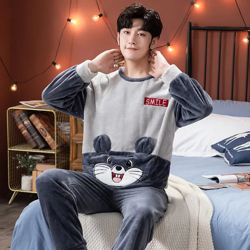 Flannel couple pajamas in koala bear pattern, round neck, thickened winter style for men and women