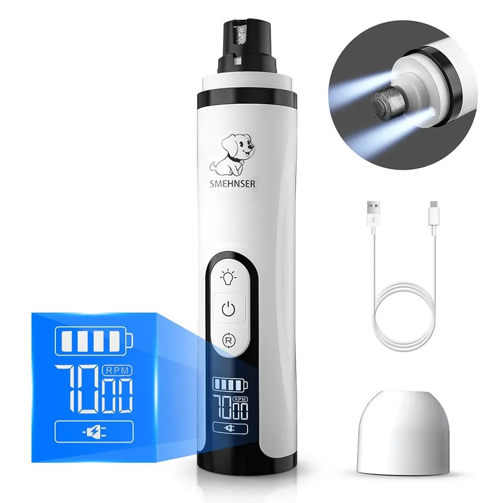 White and grey electric dog nail grinder with LED display showing speed settings and dust collection port