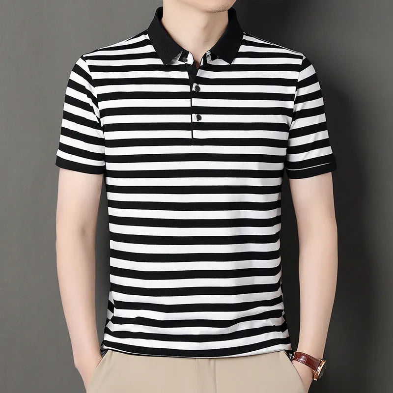 Men's striped short-sleeved pullover t-shirt in blue, straight fit, polyester blend, size M to 4XL