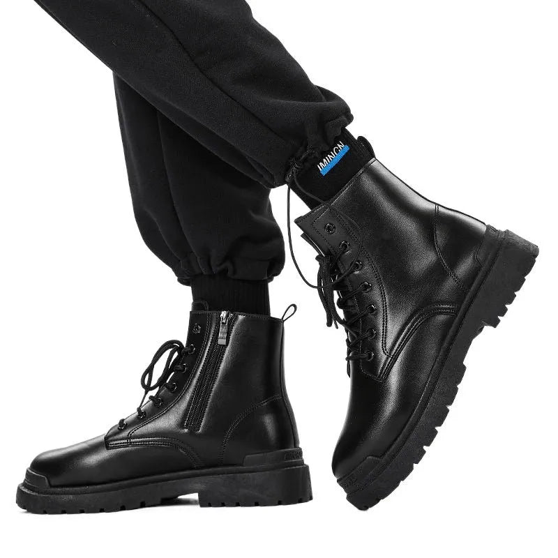 Men's mid-top tide British leather boots with flat rubber soles in black colour
