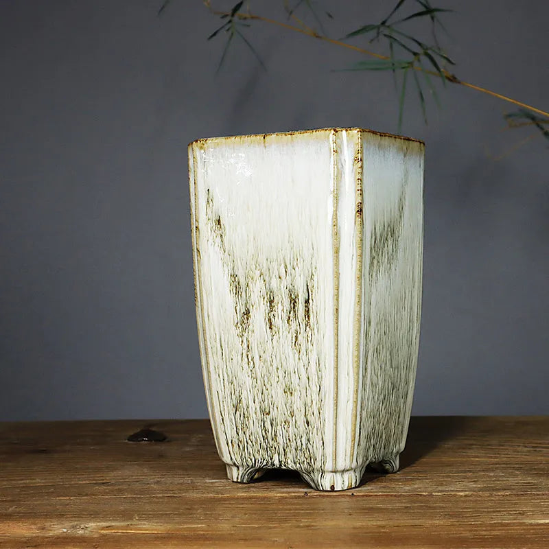 Lingnan Shiwan ceramic glazed light colour square sign tube flowerpot handmade fired