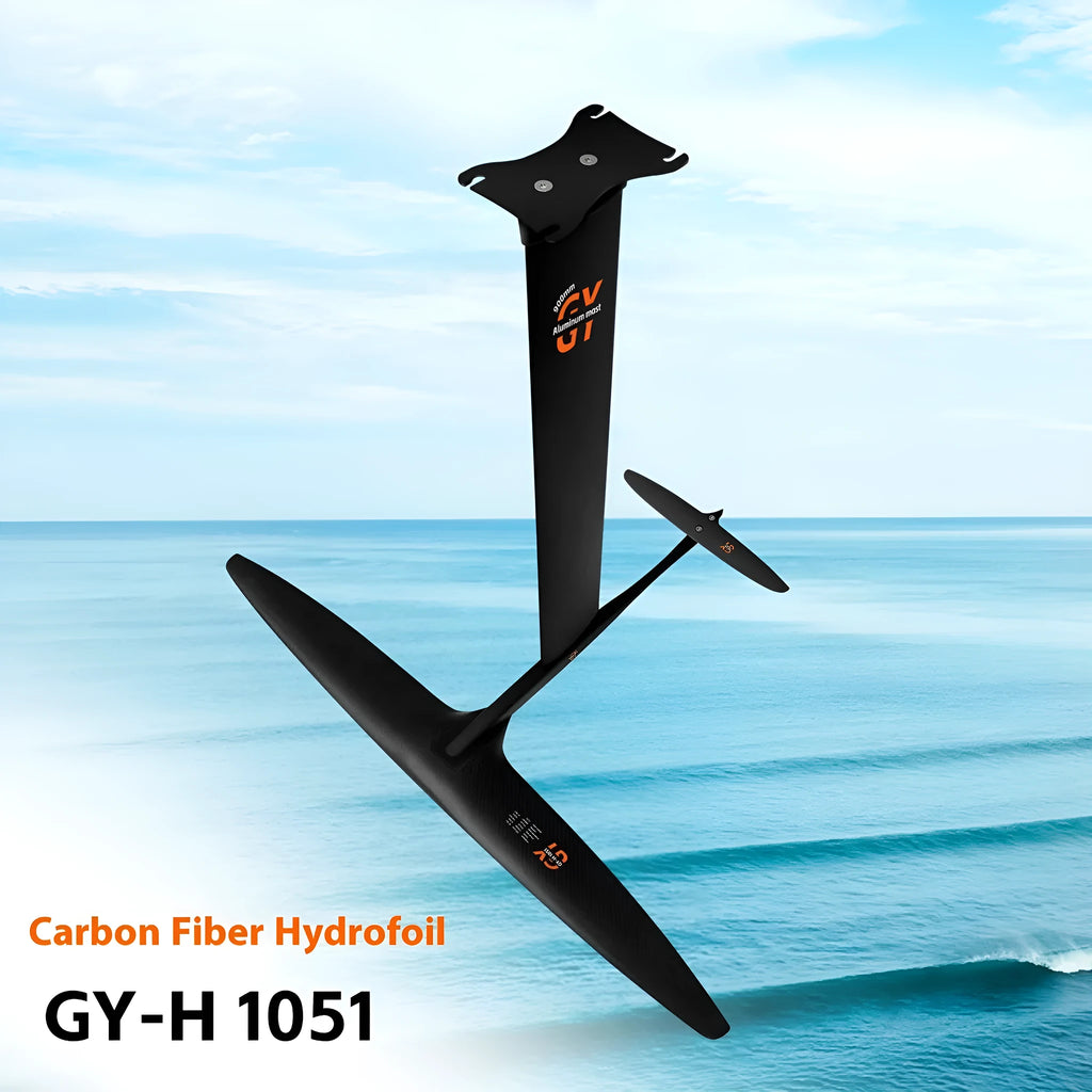 Black carbon fibre and aluminium hydrofoil with 1051mm front wing for racing and surfing