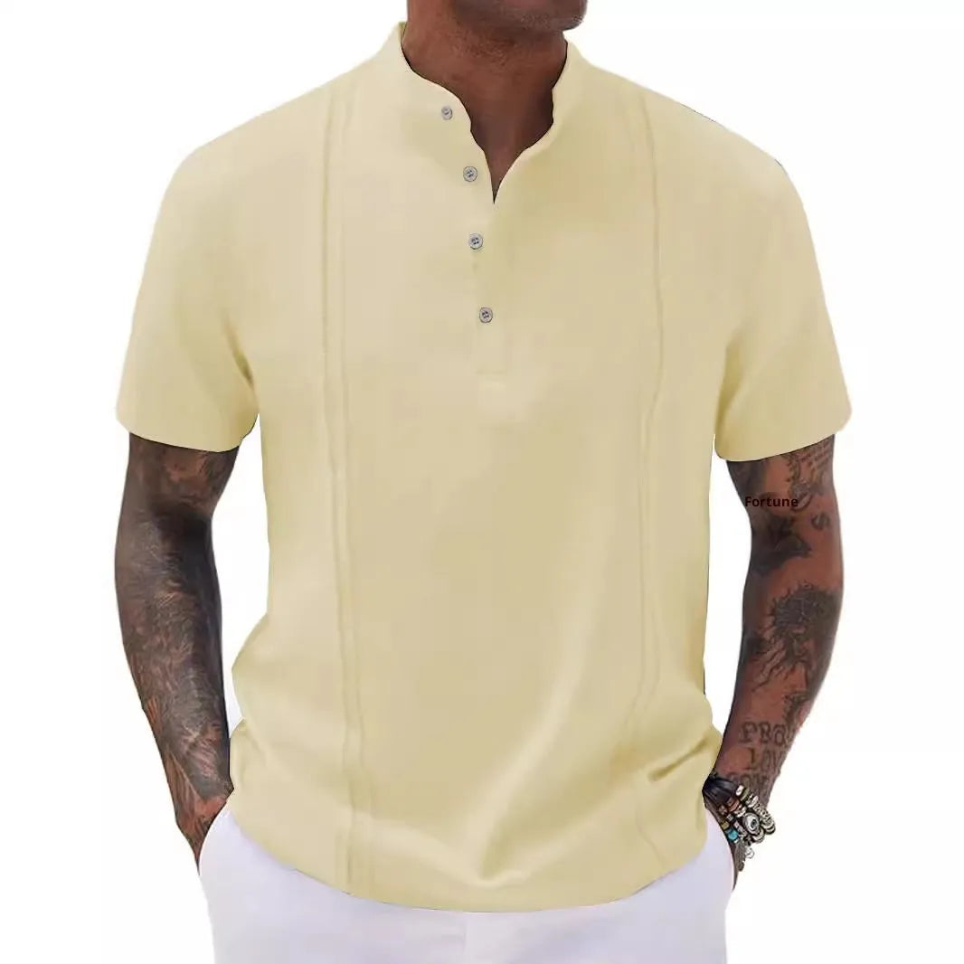 Men's solid colour half-button cardigan top in short sleeve synthetic blend for summer