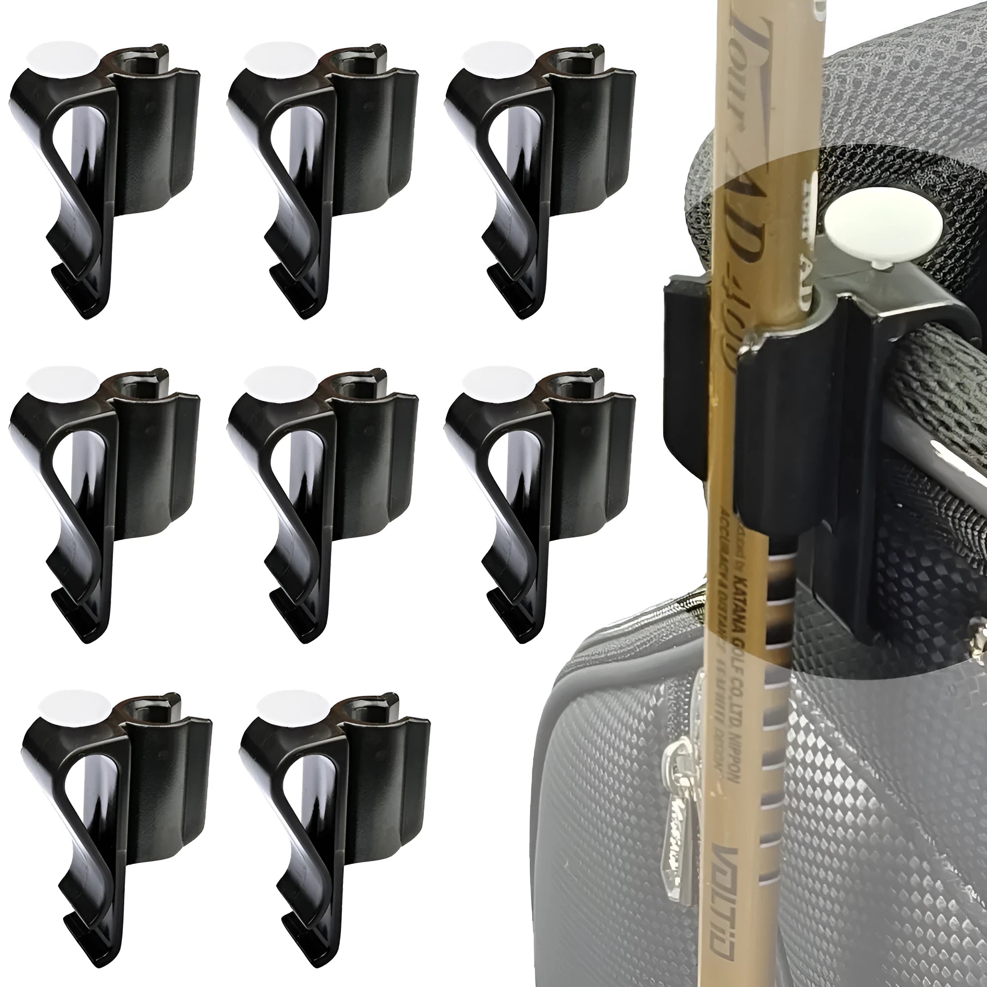 Black plastic putter fixing clip attached to golf bag, holding a putter securely