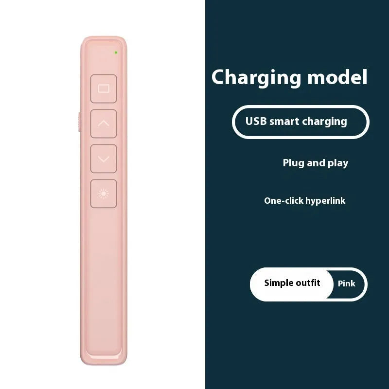 A whiteboard and presentation remote control pen in black, with a USB charging cable.
