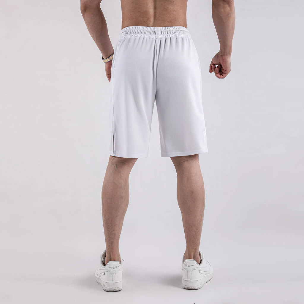 Men's black and white quick-dry mesh shorts with elastic waistband and loose fit