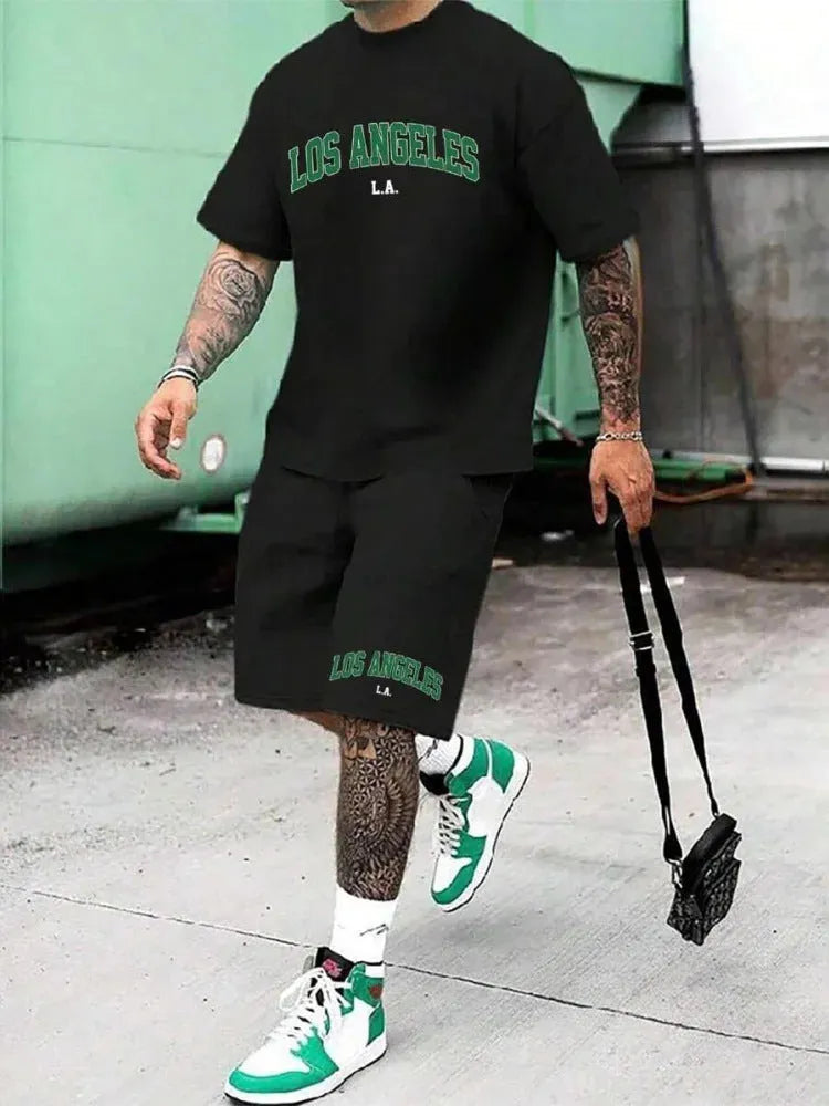 Men's 3D printed suit set with personality letter design on short sleeve top and matching shorts