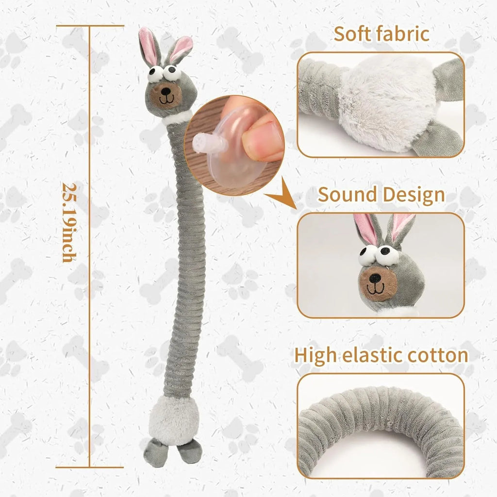 Foldable brown plush dog toy with squeaker and crinkle material for chew play.