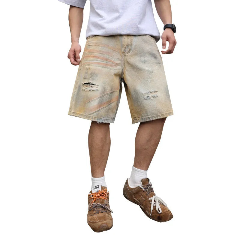 Light blue men's denim shorts with ripped details and a straight-leg cut on a mid-rise waist.