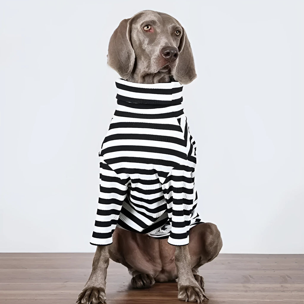 Black and white polyester dog clothing for large breeds with thin inner fabric shown in multiple size options