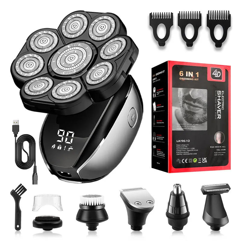 Black rechargeable hair clipper kit with multiple attachments including shaver, nose trimmer, and combs