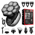 Black rechargeable hair clipper kit with multiple attachments including shaver, nose trimmer, and combs