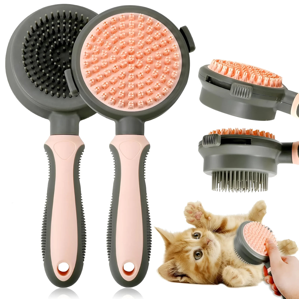 Green and pink reversible cat brush showing slicker brush side and flea comb side with release button