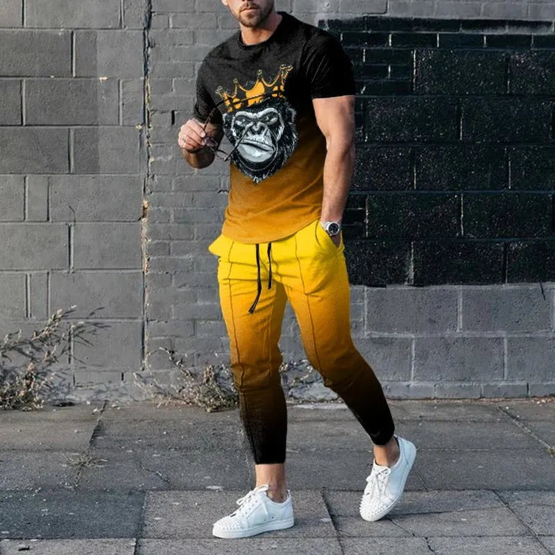 Men's slim-fit two-piece sports suit with short sleeve printed t-shirt and matching trousers in polyester blend fabric