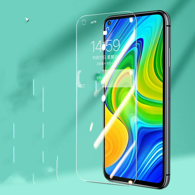 Tempered glass screen protector for Xiaomi and Redmi mobile phones showing full coverage and clear transparency