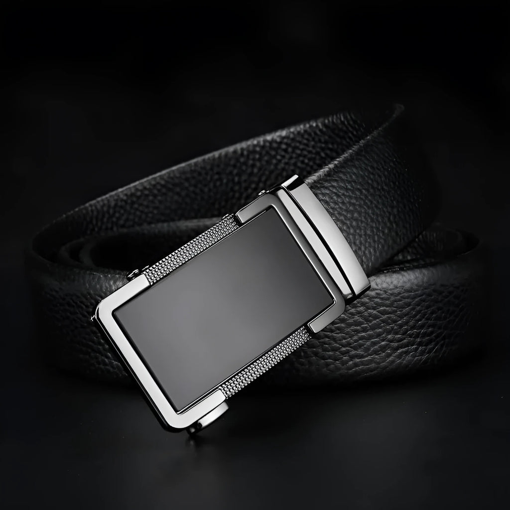 Men's leather automatic click buckle belt in gun black, silver, or gold colour