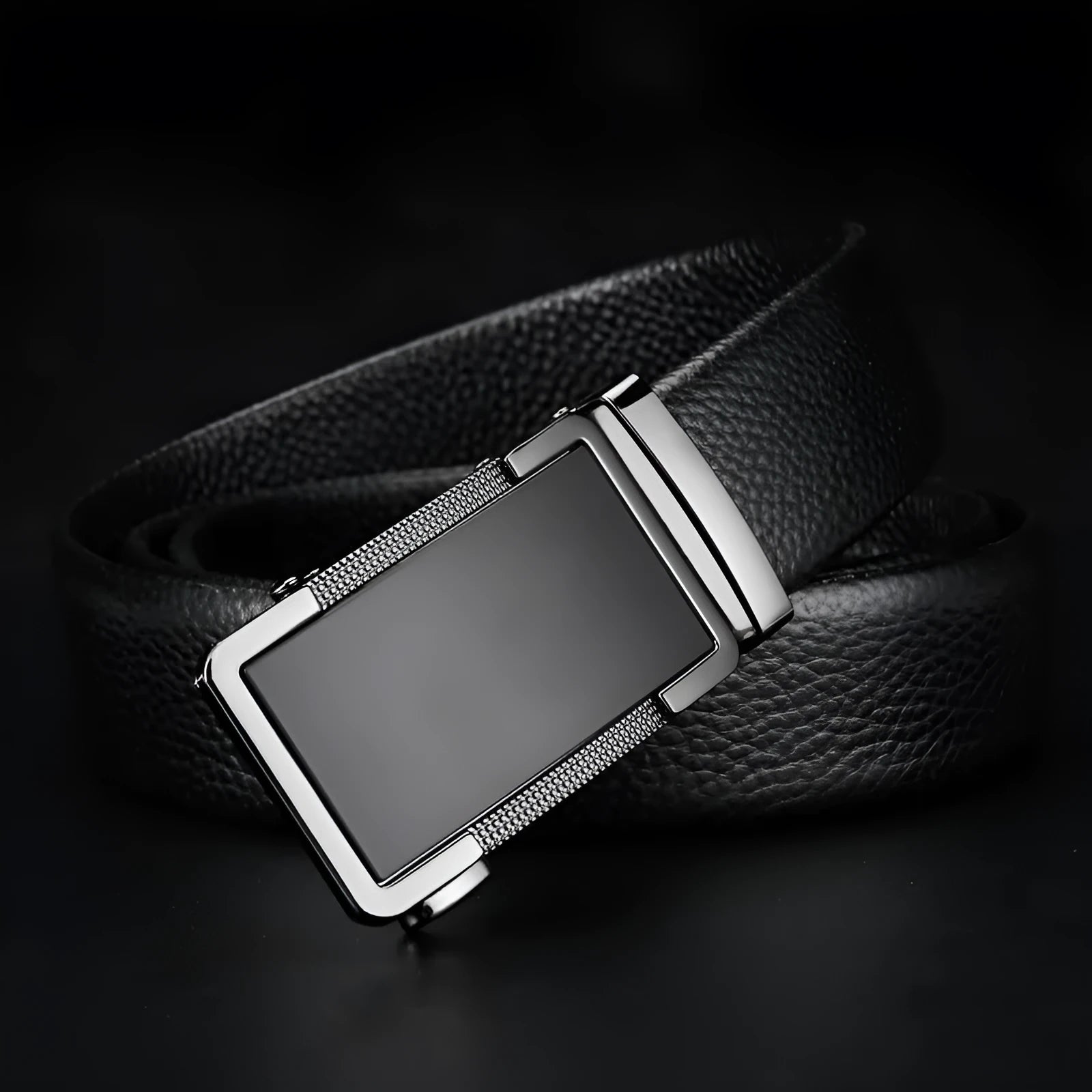 Men's leather automatic click buckle belt in gun black, silver, or gold colour