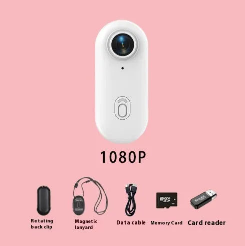 H88 thumb-sized 4K mini sports camera with magnetic mount and waterproof case on a black background