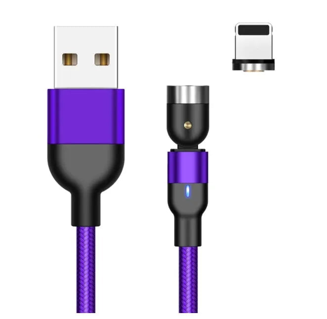 Essager black magnetic USB cable with rotating connector and blue LED light, shown next to phone