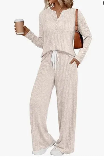 Women's V-neck knit long coat with lace-up detail and matching trousers in street fashion style