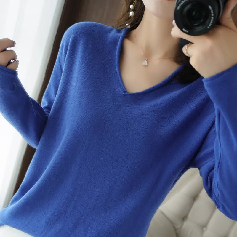 Women's V-neck long sleeve knitwear pullover top in turmeric colour with non-ironing process