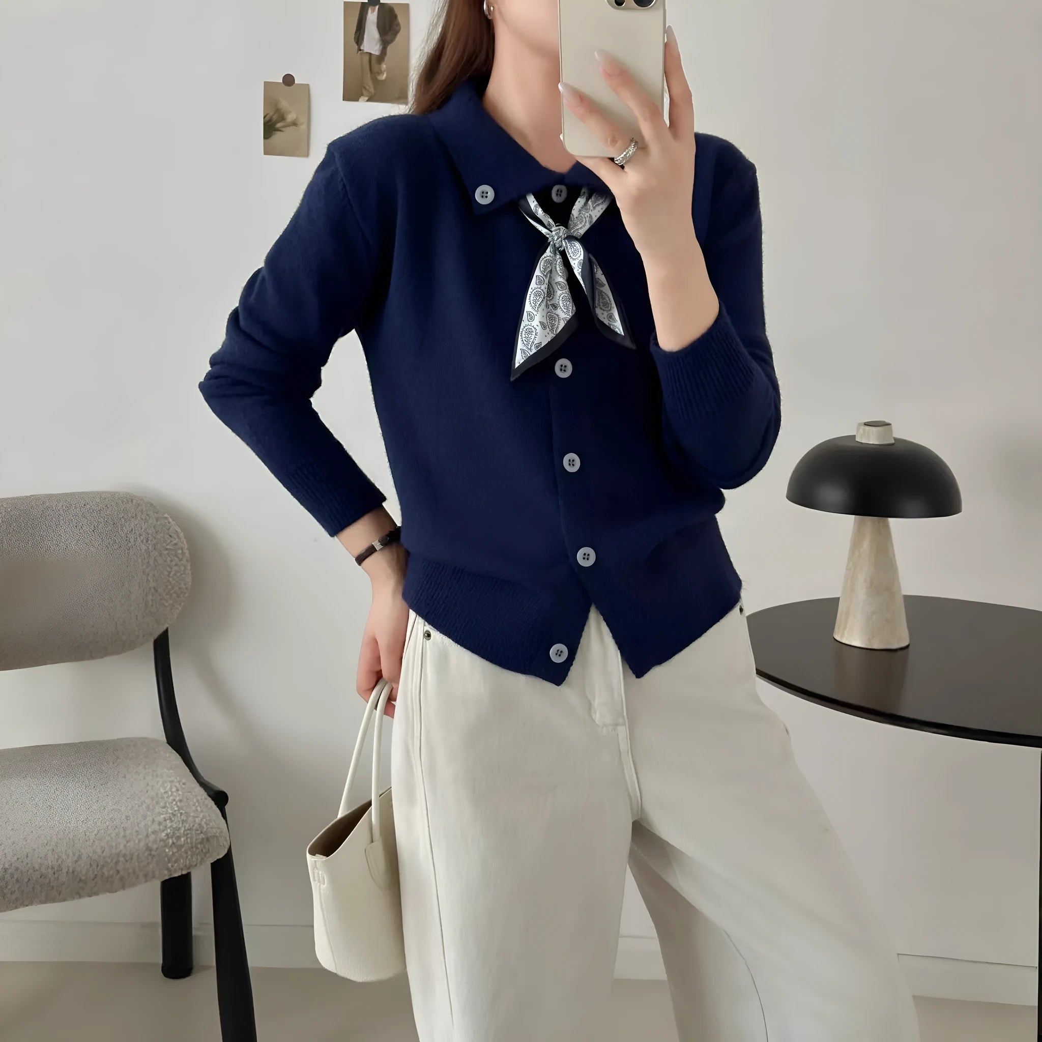 Lapel scarf sweater cardigan in acrylic fibre with splicing detail in beige colour