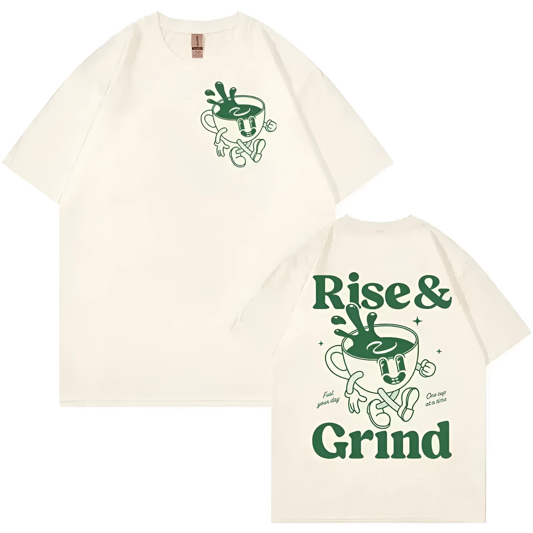 Man wearing a loose black T-shirt with a colourful Rise and Grind coffee cartoon and expression bag graphic.