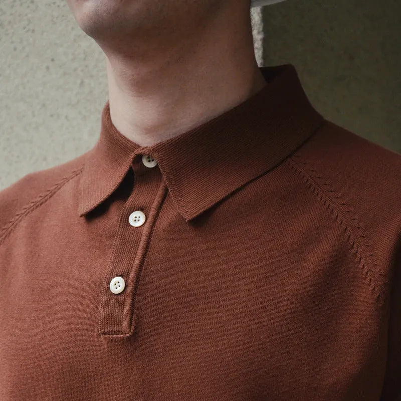 Retro slim fit knitted cotton short-sleeved T-shirt in a solid dark brown colour