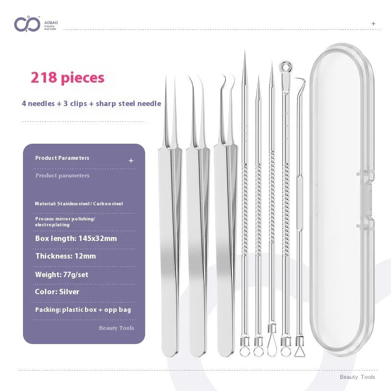 Four-piece silver metal acne needle set with fine-pointed needles and a clip for skin blemish removal.