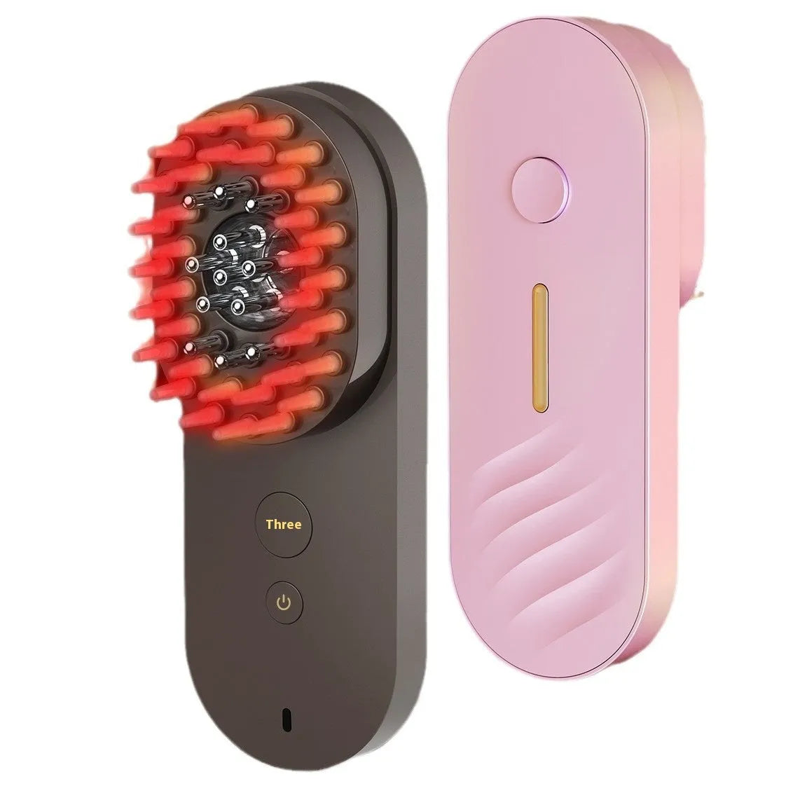 Pink and black smart massage comb for scalp care with red light therapy, shown next to its box.