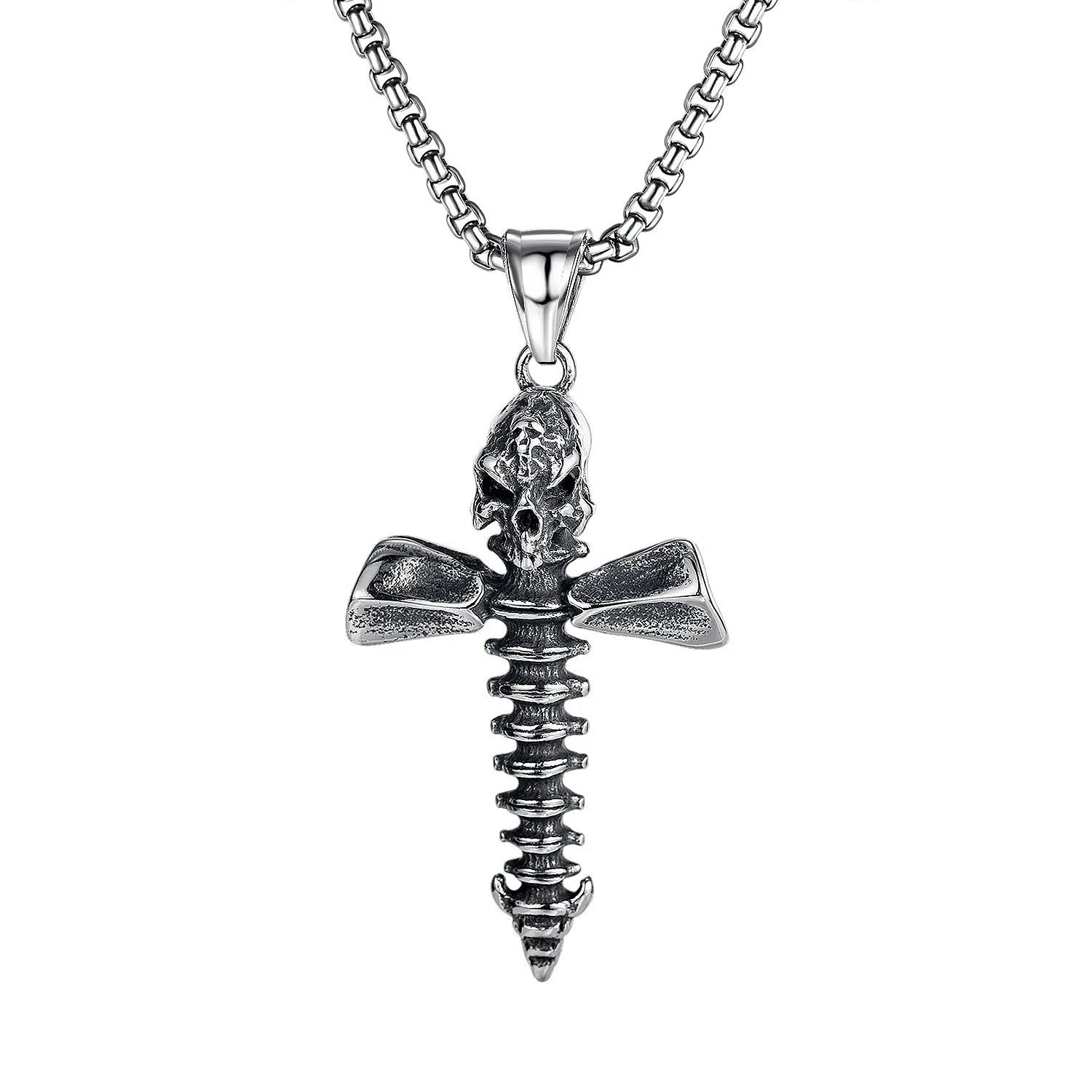 Men's silver skull necklace with stainless steel chain and six different alloy pendant designs