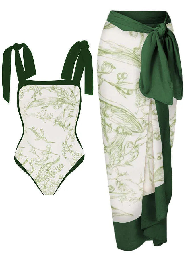 Women's floral print chiffon swimsuit with matching skirt for swimming