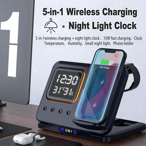 Black 15W wireless charging dock station showing phone, watch and headphones charging, with LED digital clock display.