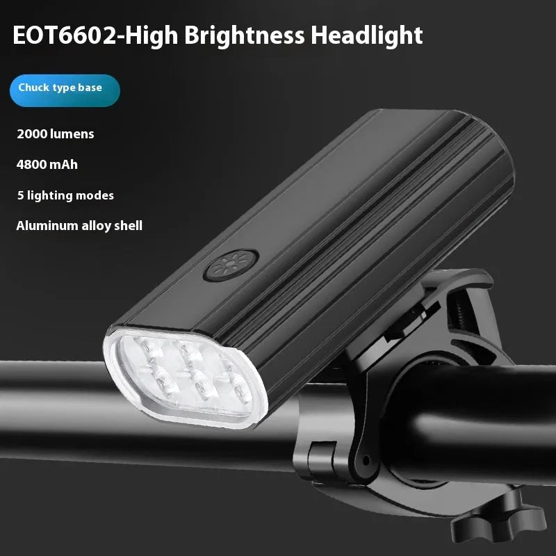 Aluminium alloy bicycle front light with 6 LEDs, USB Type-C port, and quick-release mount on handlebars.