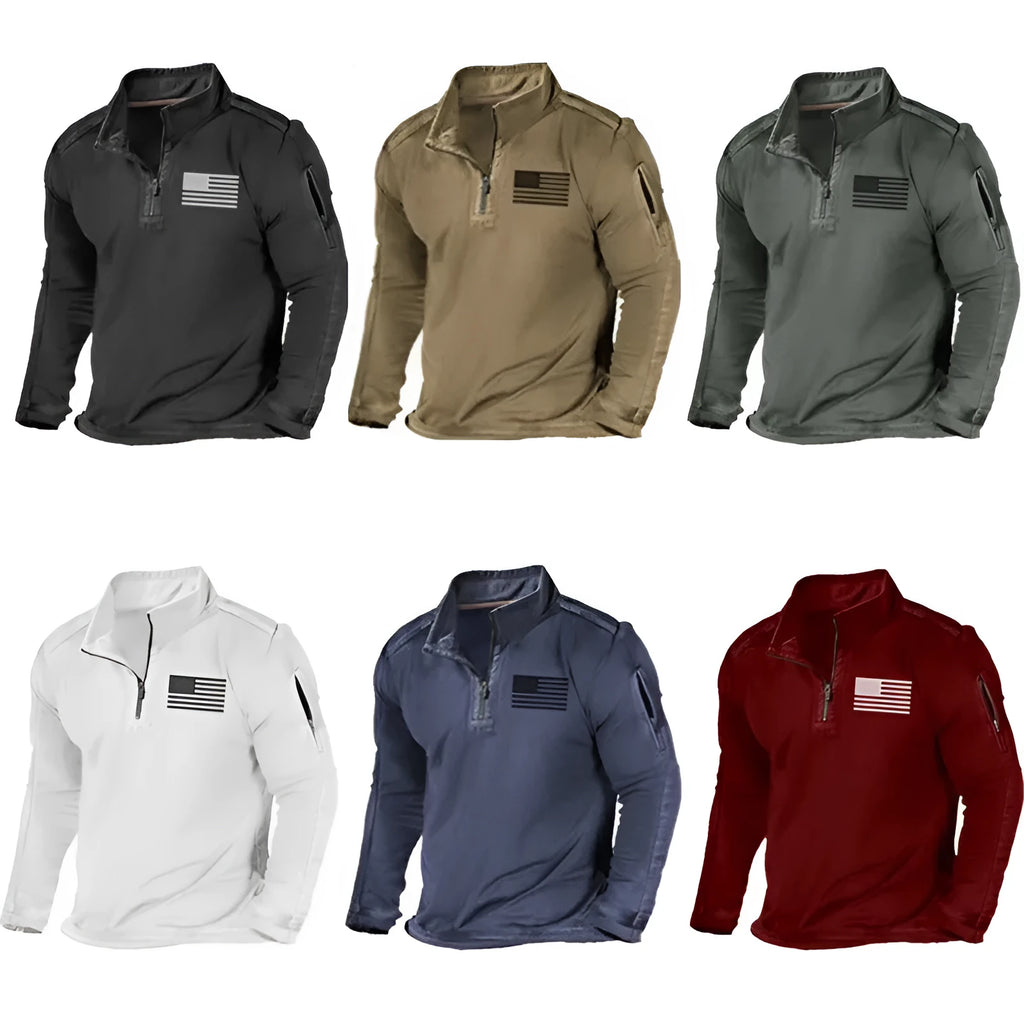 Men's grey zip-up sweater with a stand collar and long sleeves on a hanger.