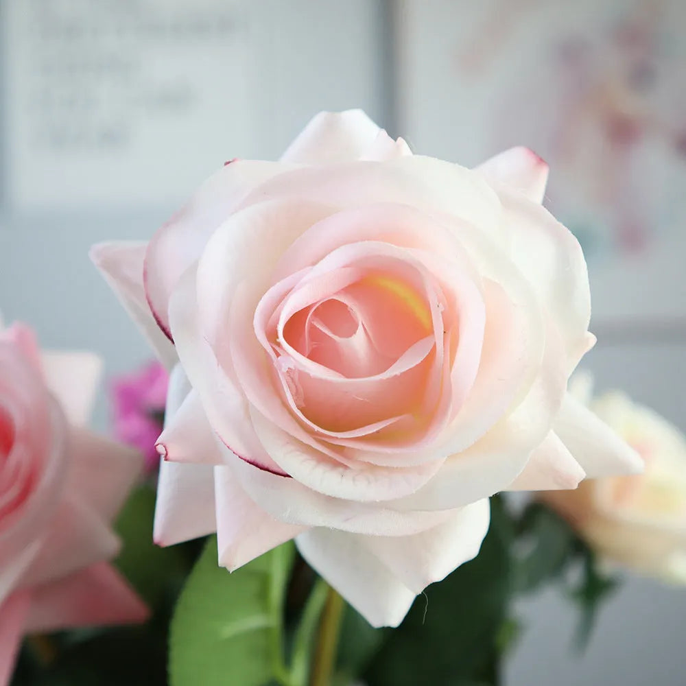 Artificial silk touch rose flower with red petals on a green plastic stem, showing approximate 42cm length.