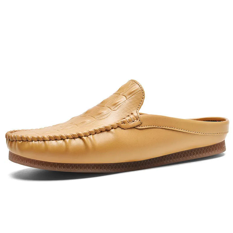 Men's black breathable semi-slippers with a textured rubber sole, shown from a side angle.