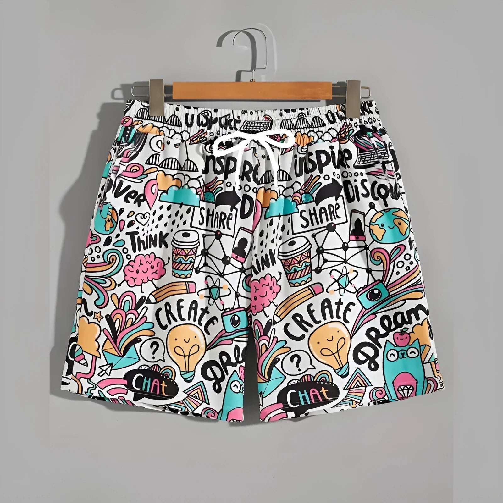 Men's loose-fit polyester beach shorts in a plus size on a neutral background