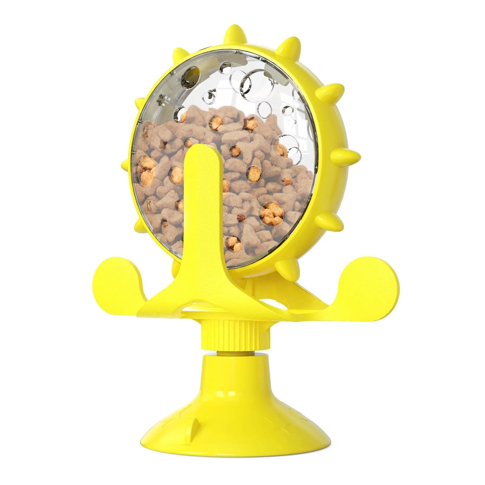 Interactive cat dog puzzle feeder toy with rotating spinner in blue green red yellow colours